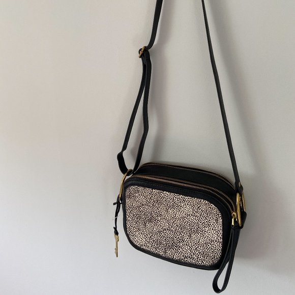 Fossil Black Elle Crossbody Bag Animal Print Cow Hide - Picture 5 of 11